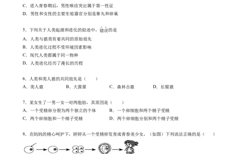 专题09人的由来-2022年中考生物一轮复习抓重点考典型（人教版）（原卷版）_6生物中考复习_2023年中考复习资料_一轮复习_2022年中考生物一轮复习抓重点考典型（人教版）