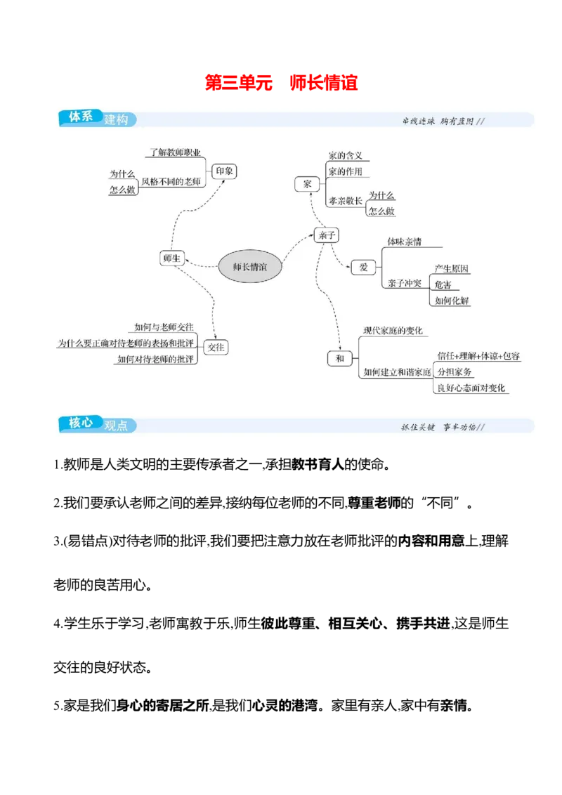 七年级上册第三单元　师长情谊-学生版_9道法中考复习_2026年中考复习（更新中）_2026年中考道德与法治一轮复习学案（含答案）