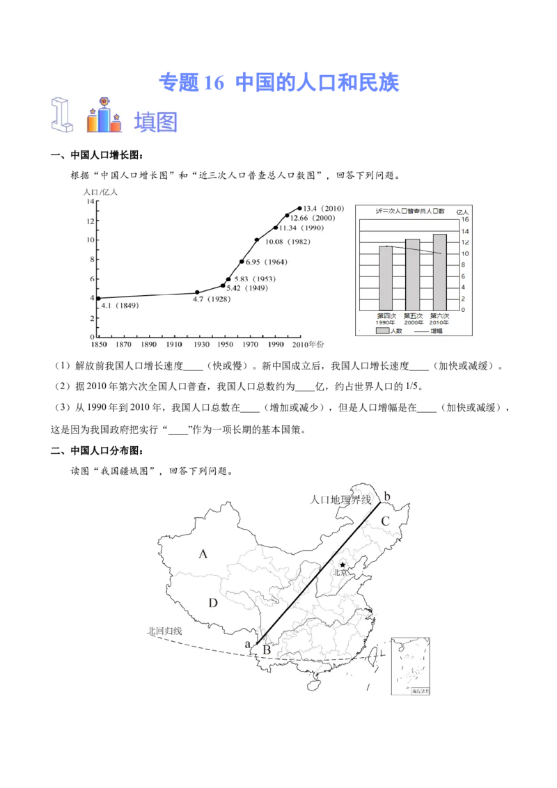 专题16中国的人口和民族-备战2024年中考地理识图速记手册与变式演练（全国通用）（原卷版）_7地理中考复习_2024年中考复习资料_专项复习资料