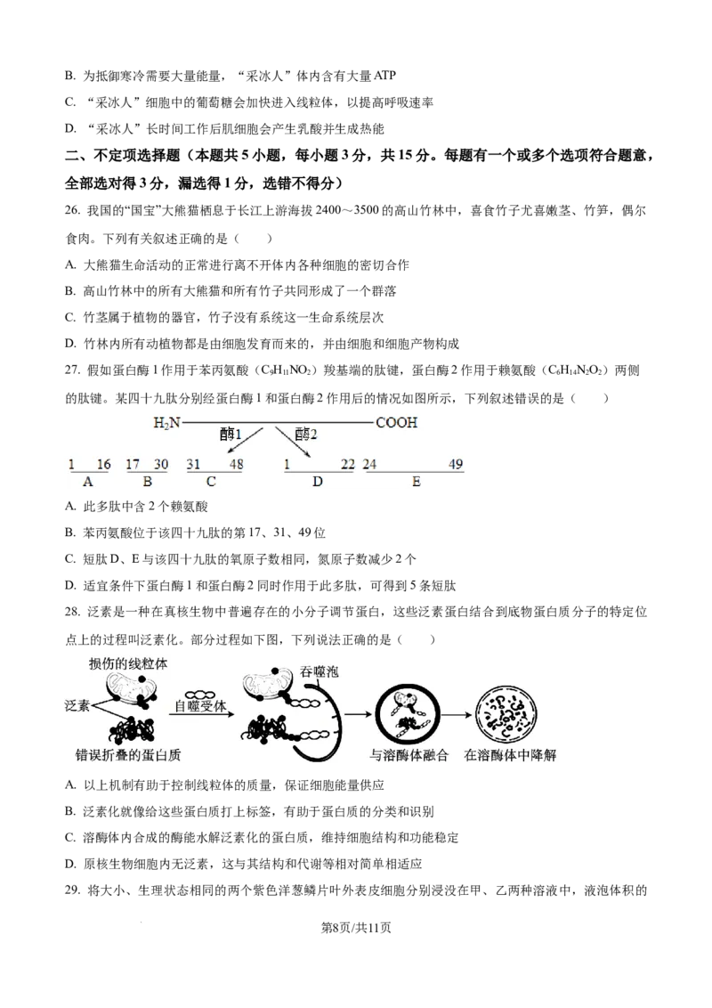 精品解析：黑龙江省大庆市让胡路区大庆市大庆中学2025-2026学年高一上学期1月期末生物试题（原卷版）_2026年01月高一试卷