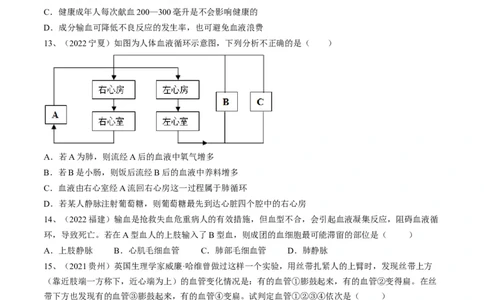 专题12人体内物质的运输（原卷版）_6生物中考复习_2023年中考复习资料_一轮复习_2023年中考生物一轮复习讲练测_专题12+人体内物质的运输（专题精练）-2023年中考生物一轮复习讲练测