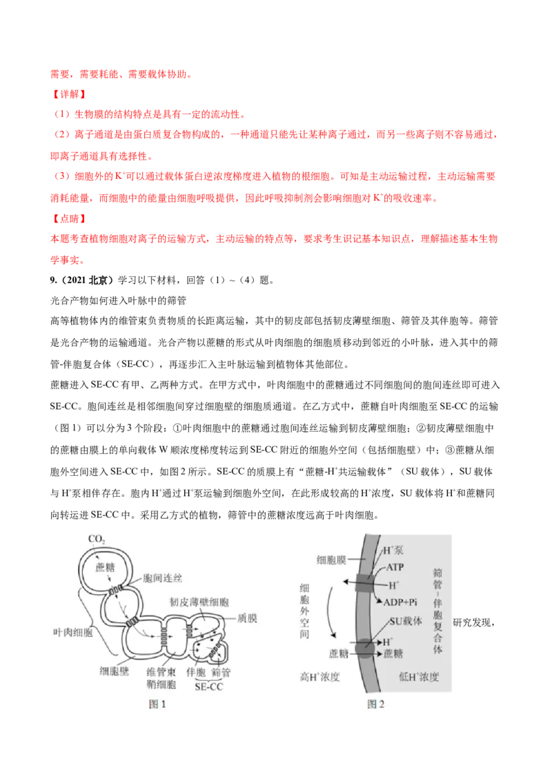 考向03细胞内物质输入和输出-备战2023年高考生物一轮复习考点微专题（全国通用）（解析版）_通用版（老高考）复习资料_2023年复习资料_一轮复习