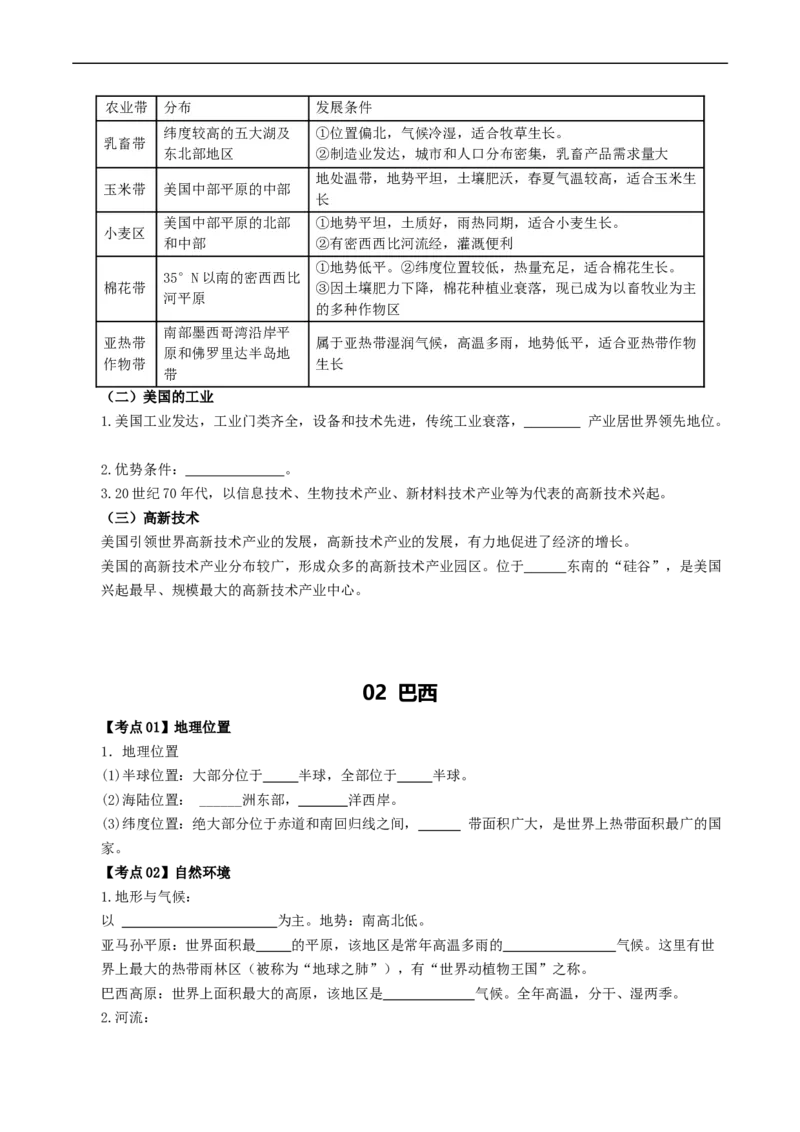 专题15美国和巴西（背记帮）-备战2024年中考地理一轮复习考点帮（全国通用）（挖空版）_7地理中考复习_2024年中考复习资料_一轮复习资料_配套背记资料（挖空版）