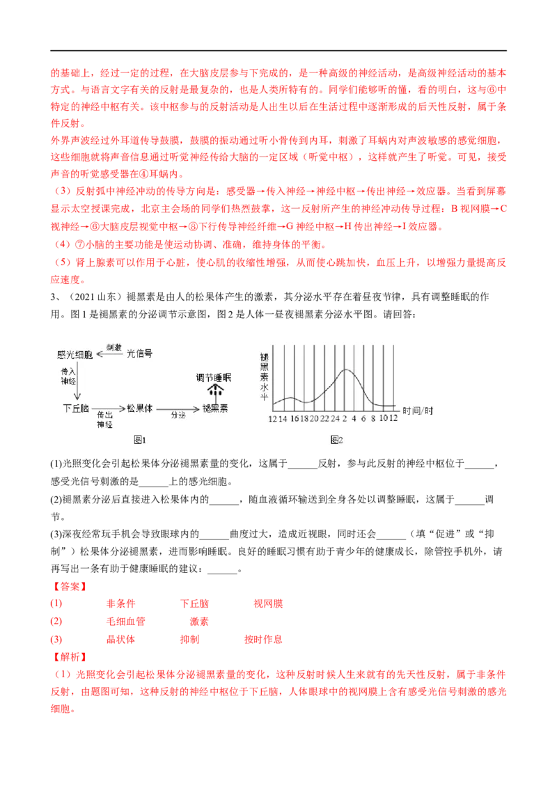 专题14人体生命活动的调节（解析版）_6生物中考复习_2023年中考复习资料_一轮复习_2023年中考生物一轮复习讲练测_专题14人体生命活动的调节（专题精练）-2023年中考生物一轮复习讲练测