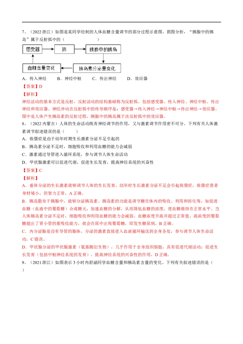 专题14人体生命活动的调节（解析版）_6生物中考复习_2023年中考复习资料_一轮复习_2023年中考生物一轮复习讲练测_专题14人体生命活动的调节（专题精练）-2023年中考生物一轮复习讲练测