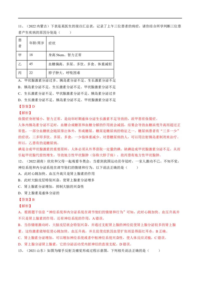 专题14人体生命活动的调节（解析版）_6生物中考复习_2023年中考复习资料_一轮复习_2023年中考生物一轮复习讲练测_专题14人体生命活动的调节（专题精练）-2023年中考生物一轮复习讲练测