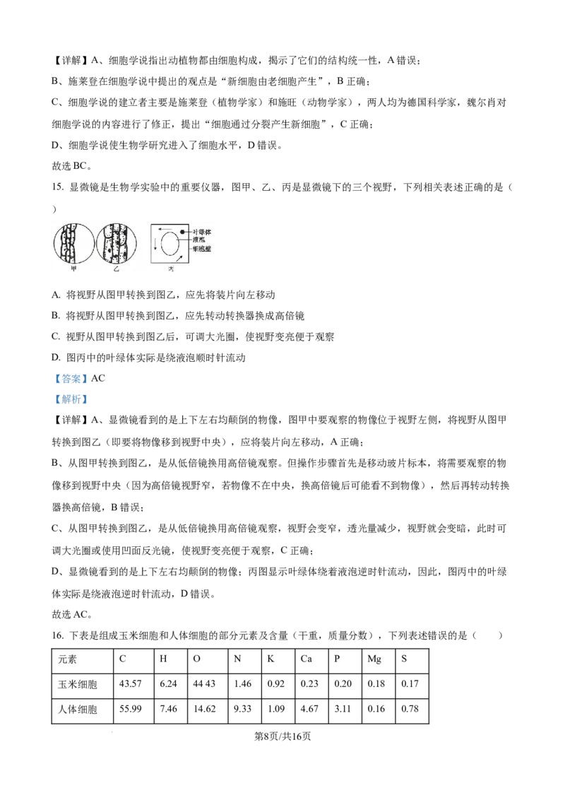 精品解析：河北省NT20联考2025-2026学年高一上学期10月月考生物试题（解析版）_2025年10月高一试卷_251029河北省NT20名校联合体2025-2026学年高一上学期10月联考