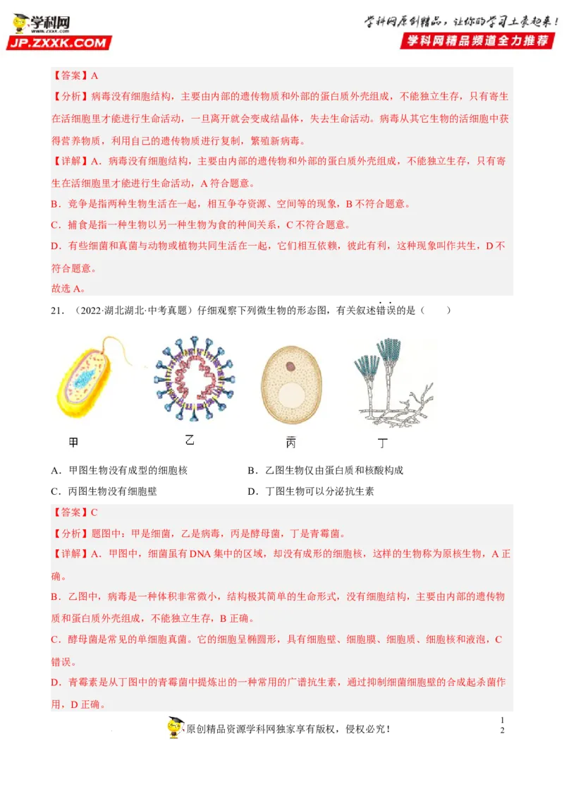 专题14生物圈中的微生物（习题帮）（解析版）_6生物中考复习_2023年中考复习资料_一轮复习_备战2023年中考生物一轮复习考点帮（全国通用）288506454