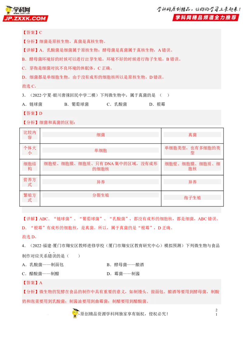 专题14生物圈中的微生物（习题帮）（解析版）_6生物中考复习_2023年中考复习资料_一轮复习_备战2023年中考生物一轮复习考点帮（全国通用）288506454