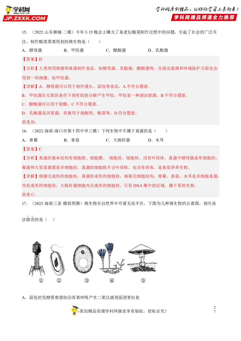 专题14生物圈中的微生物（习题帮）（解析版）_6生物中考复习_2023年中考复习资料_一轮复习_备战2023年中考生物一轮复习考点帮（全国通用）288506454