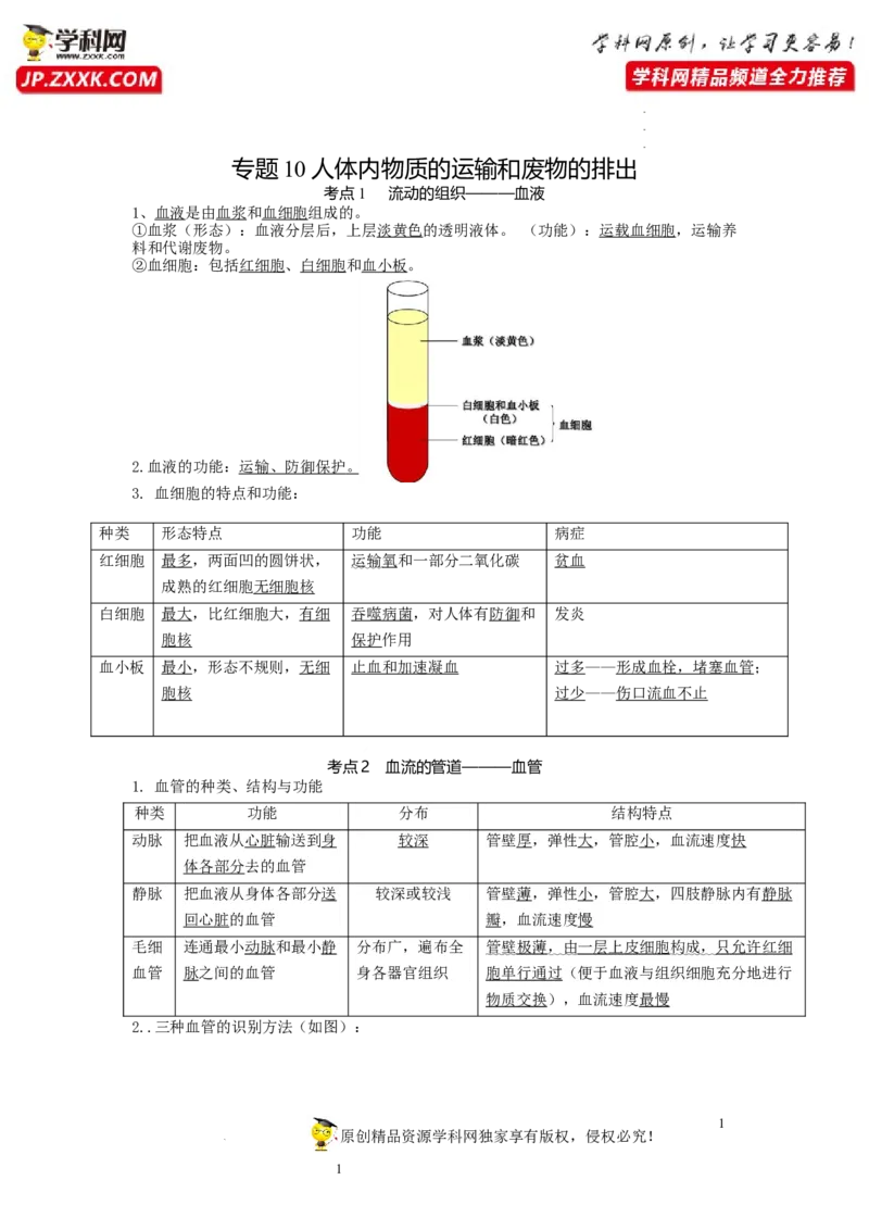 专题10人体内物质的运输和废物的排出（知识帮）-备战2023年中考生物一轮复习考点帮（全国通用）_6生物中考复习_2023年中考复习资料_一轮复习