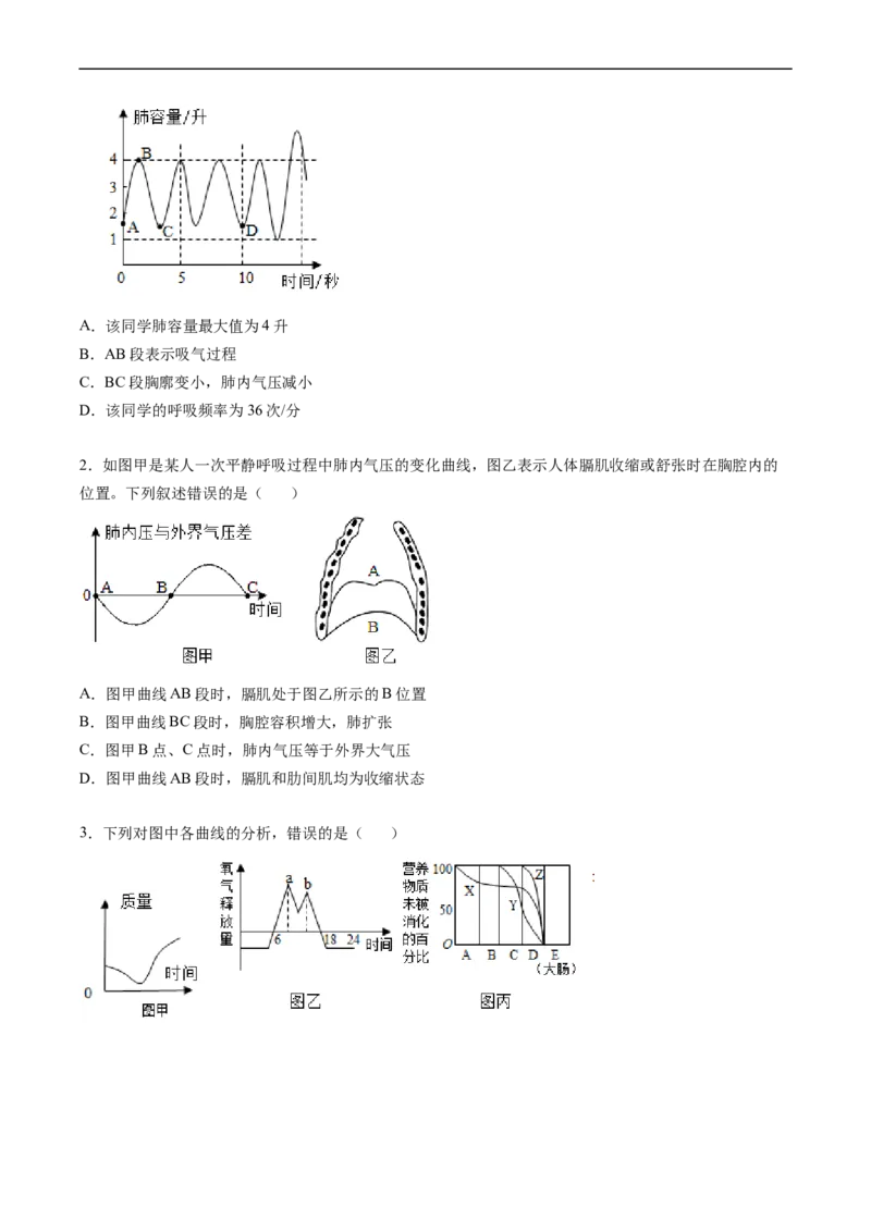 专题11人体的呼吸-2022年中考生物一轮复习抓重点考典型（人教版）（原卷版）_6生物中考复习_2023年中考复习资料_一轮复习_2022年中考生物一轮复习抓重点考典型（人教版）