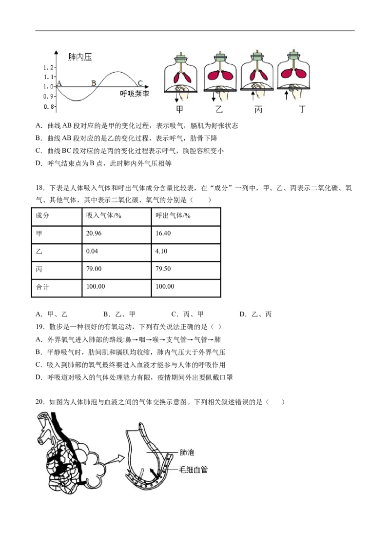 专题11人体的呼吸-2022年中考生物一轮复习抓重点考典型（人教版）（原卷版）_6生物中考复习_2023年中考复习资料_一轮复习_2022年中考生物一轮复习抓重点考典型（人教版）