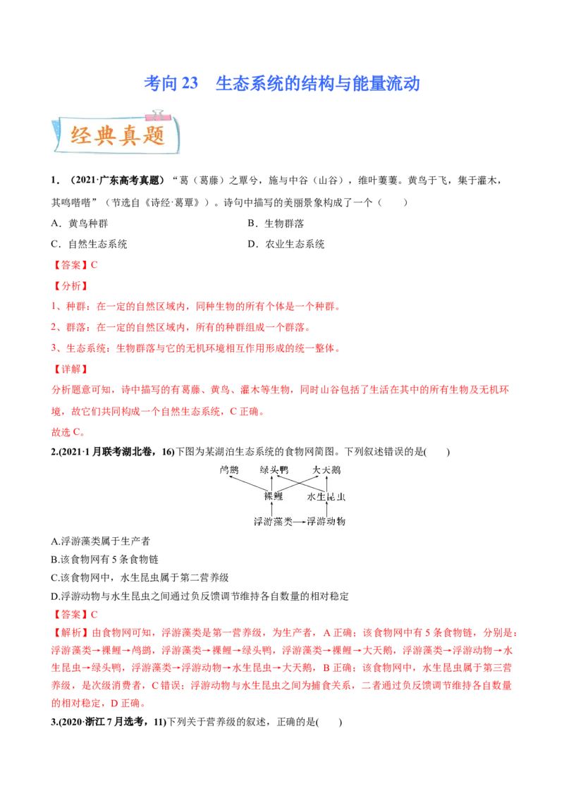 考向23生态系统的结构与能量流动-备战2023年高考生物一轮复习考点微专题（全国通用）（解析版）_通用版（老高考）复习资料_2023年复习资料_一轮复习