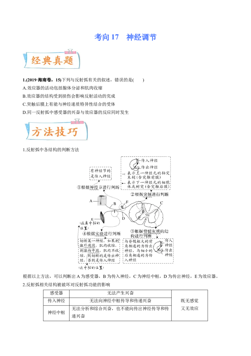 考向17神经调节-备战2023年高考生物一轮复习考点微专题（全国通用）（原卷版）_通用版（老高考）复习资料_2023年复习资料_一轮复习_备战2023年高考生物一轮复习考点微专题（全国通用）