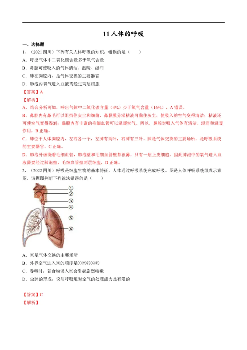 专题11人体的呼吸（解析版）_6生物中考复习_2023年中考复习资料_一轮复习_2023年中考生物一轮复习讲练测_专题11人体的呼吸（专题精练）-2023年中考生物一轮复习讲练测