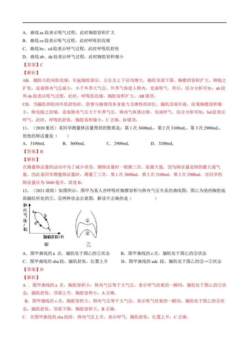 专题11人体的呼吸（解析版）_6生物中考复习_2023年中考复习资料_一轮复习_2023年中考生物一轮复习讲练测_专题11人体的呼吸（专题精练）-2023年中考生物一轮复习讲练测
