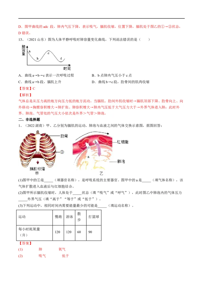 专题11人体的呼吸（解析版）_6生物中考复习_2023年中考复习资料_一轮复习_2023年中考生物一轮复习讲练测_专题11人体的呼吸（专题精练）-2023年中考生物一轮复习讲练测