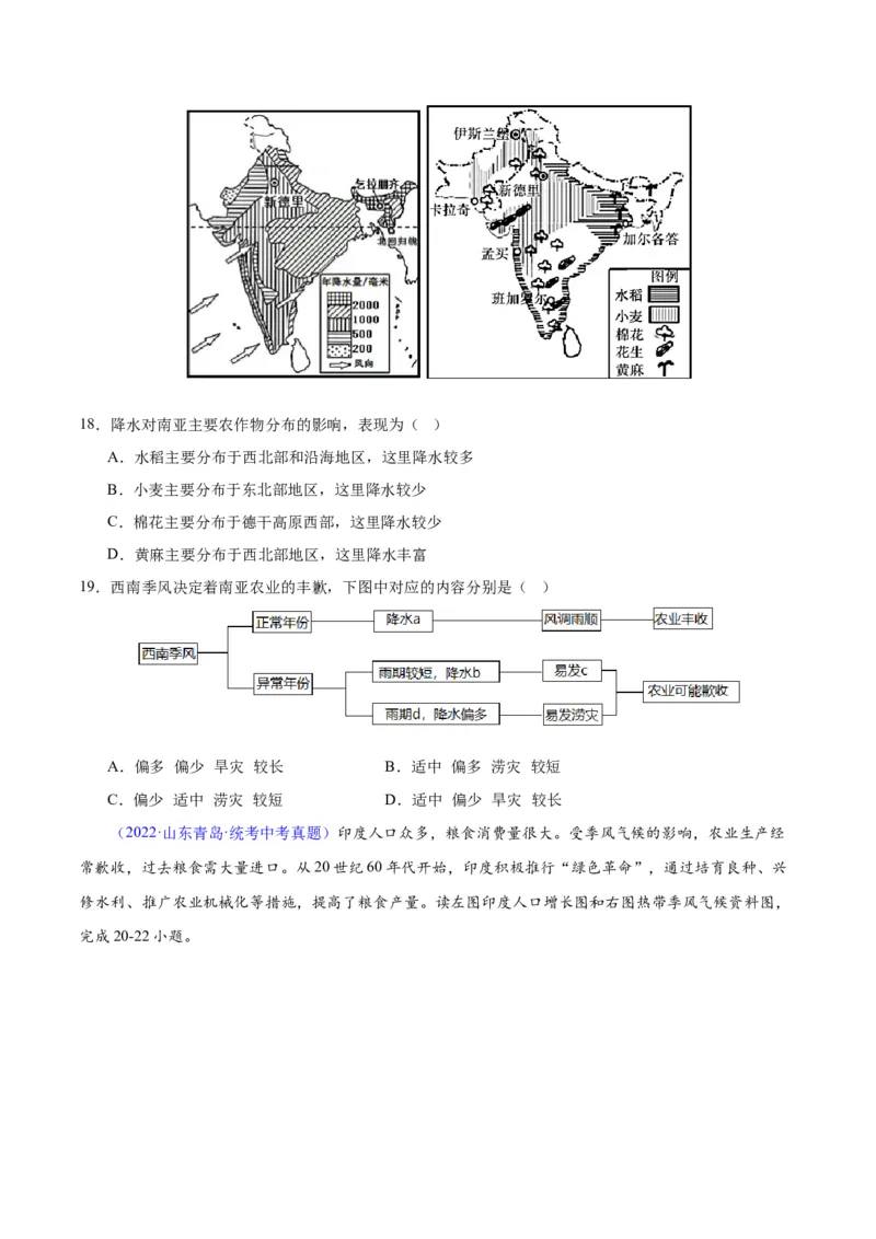 专题10南亚与印度（原卷版）_7地理中考复习_2024年中考复习资料_专项复习资料_完三年（2021-2023）中考地理真题分项汇编（全国通用）
