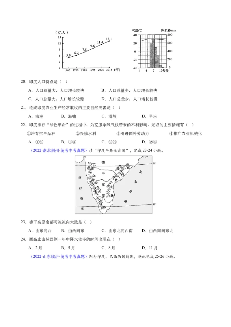 专题10南亚与印度（原卷版）_7地理中考复习_2024年中考复习资料_专项复习资料_完三年（2021-2023）中考地理真题分项汇编（全国通用）