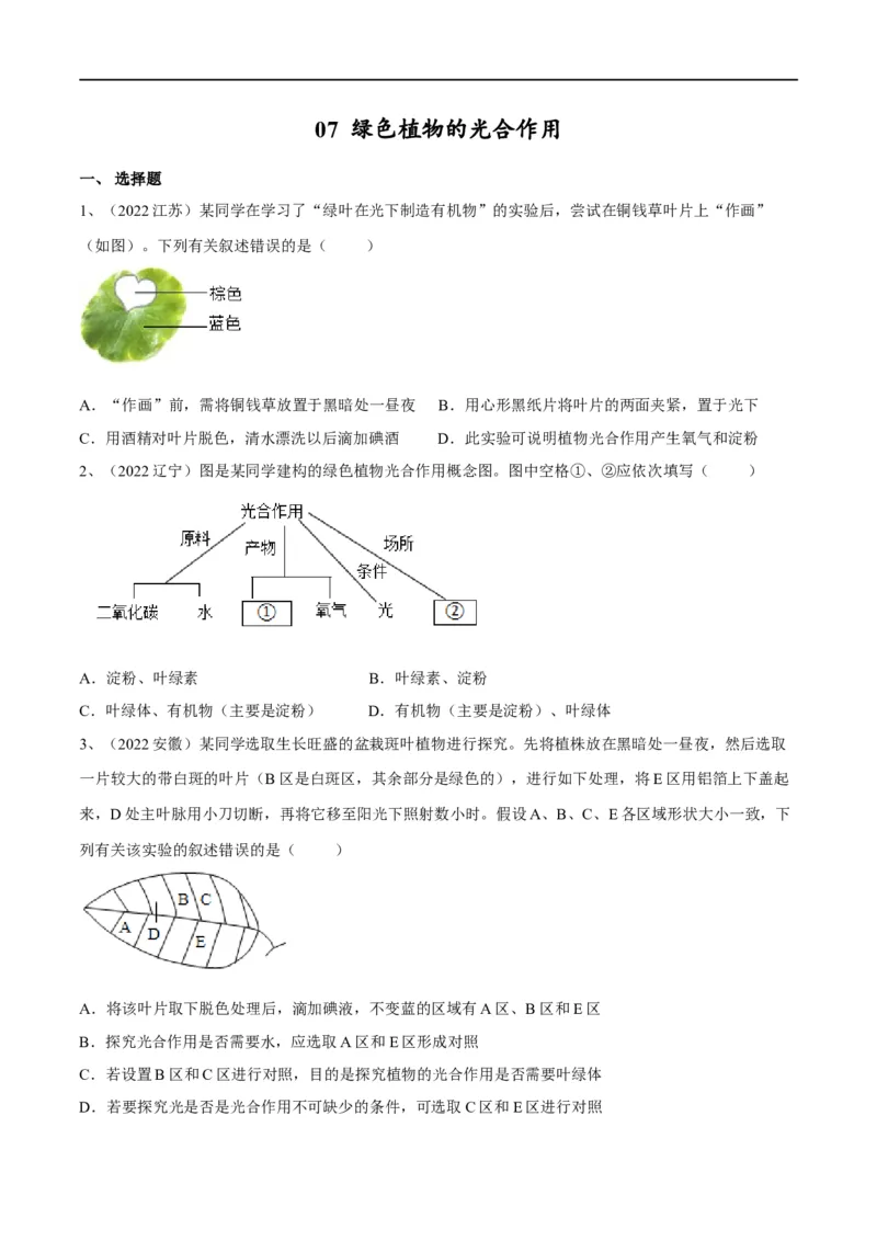 专题07绿色植物的光合作用（原卷版）_6生物中考复习_2023年中考复习资料_一轮复习_2023年中考生物一轮复习讲练测_专题07绿色植物的光合作用（专题精练）-2023年中考生物一轮复习讲练测