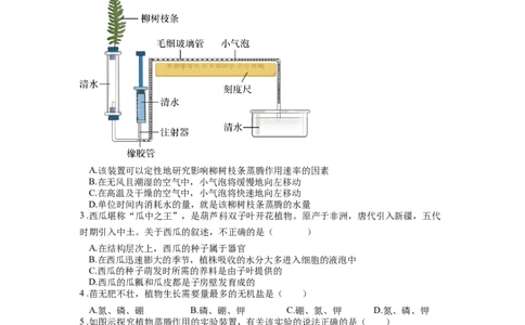 专题08绿色植物的蒸腾作用（原卷版）_6生物中考复习_2024年中考复习资料_一轮复习资料_完精准复习课件精讲ppt+习题精练备战2024年中考生物一轮复习全考点通关_配套练习