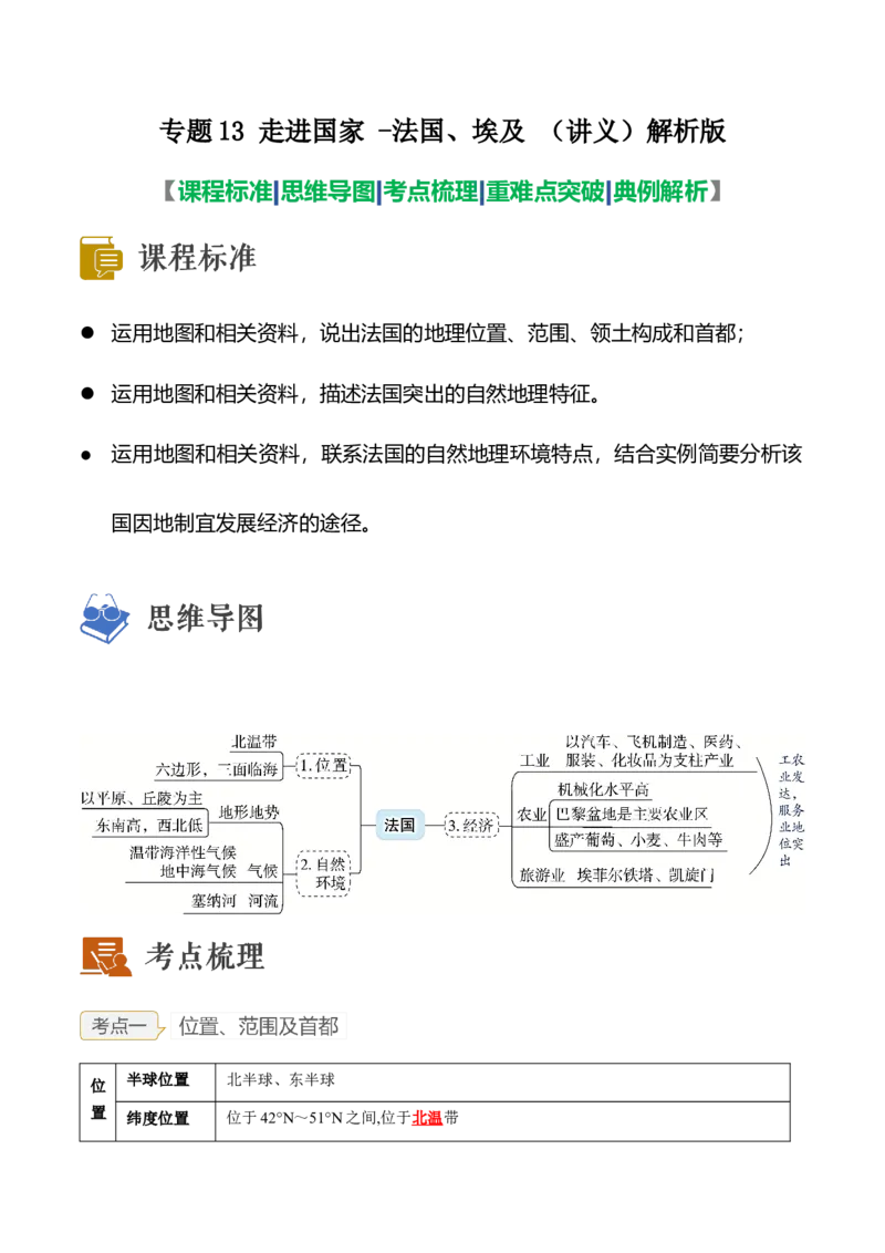 专题12走进国家-法国、埃及(复习讲义)解析版_7地理中考复习_2023年中考复习资料_一轮复习_2023年中考地理一轮复习讲练测