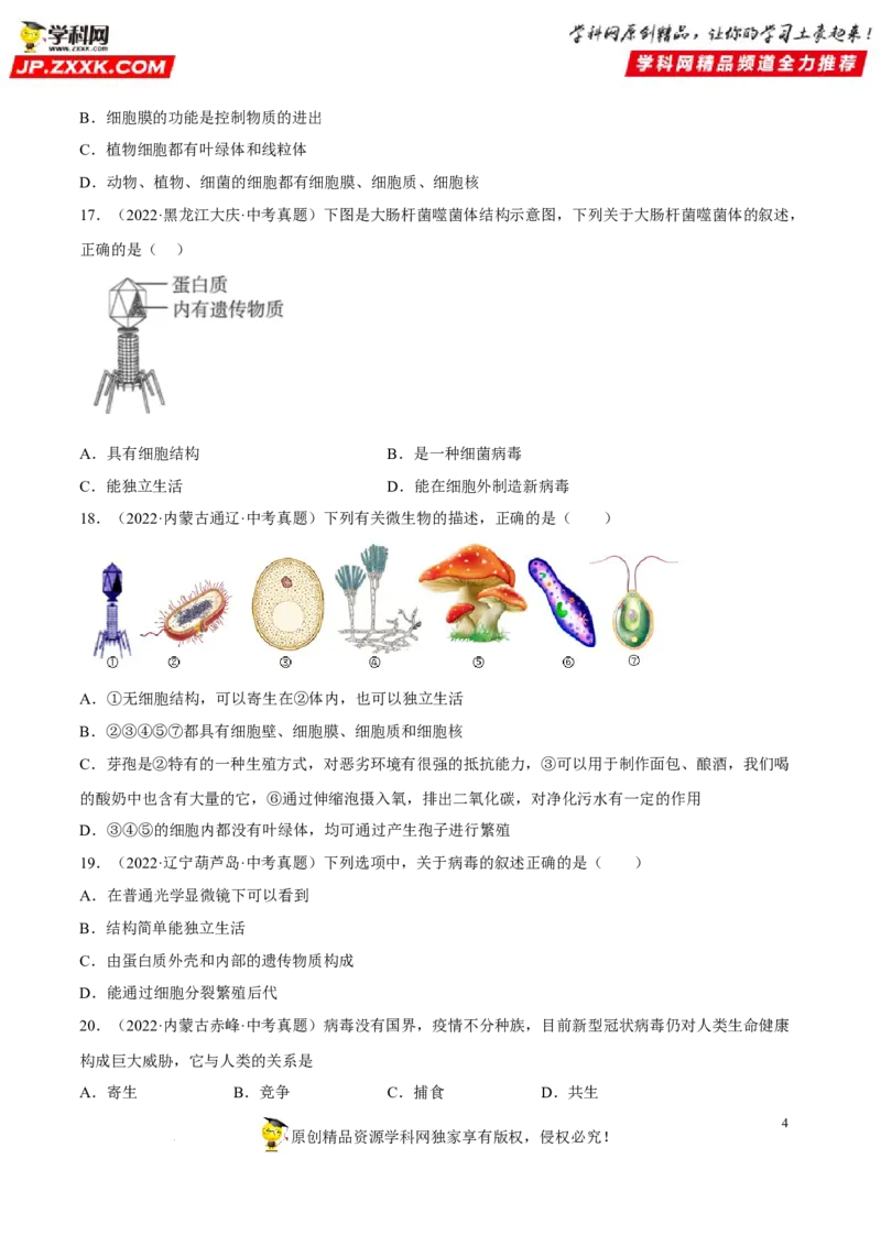 专题14生物圈中的微生物（习题帮）（原卷版）_6生物中考复习_2023年中考复习资料_一轮复习_备战2023年中考生物一轮复习考点帮（全国通用）288506454