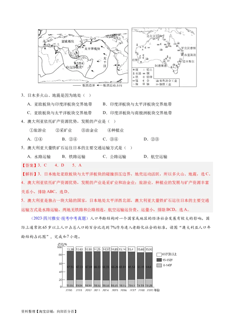 专题15大洋洲与澳大利亚（解析版）_7地理中考复习_2024年中考复习资料_专项复习资料_完三年（2021-2023）中考地理真题分项汇编（全国通用）_解析版