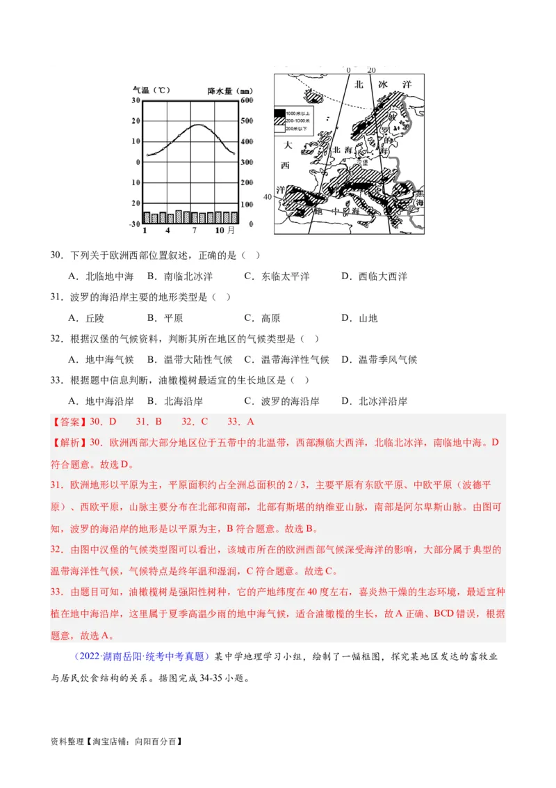 专题13欧洲与欧洲西部（解析版）_7地理中考复习_2024年中考复习资料_专项复习资料_完三年（2021-2023）中考地理真题分项汇编（全国通用）_解析版
