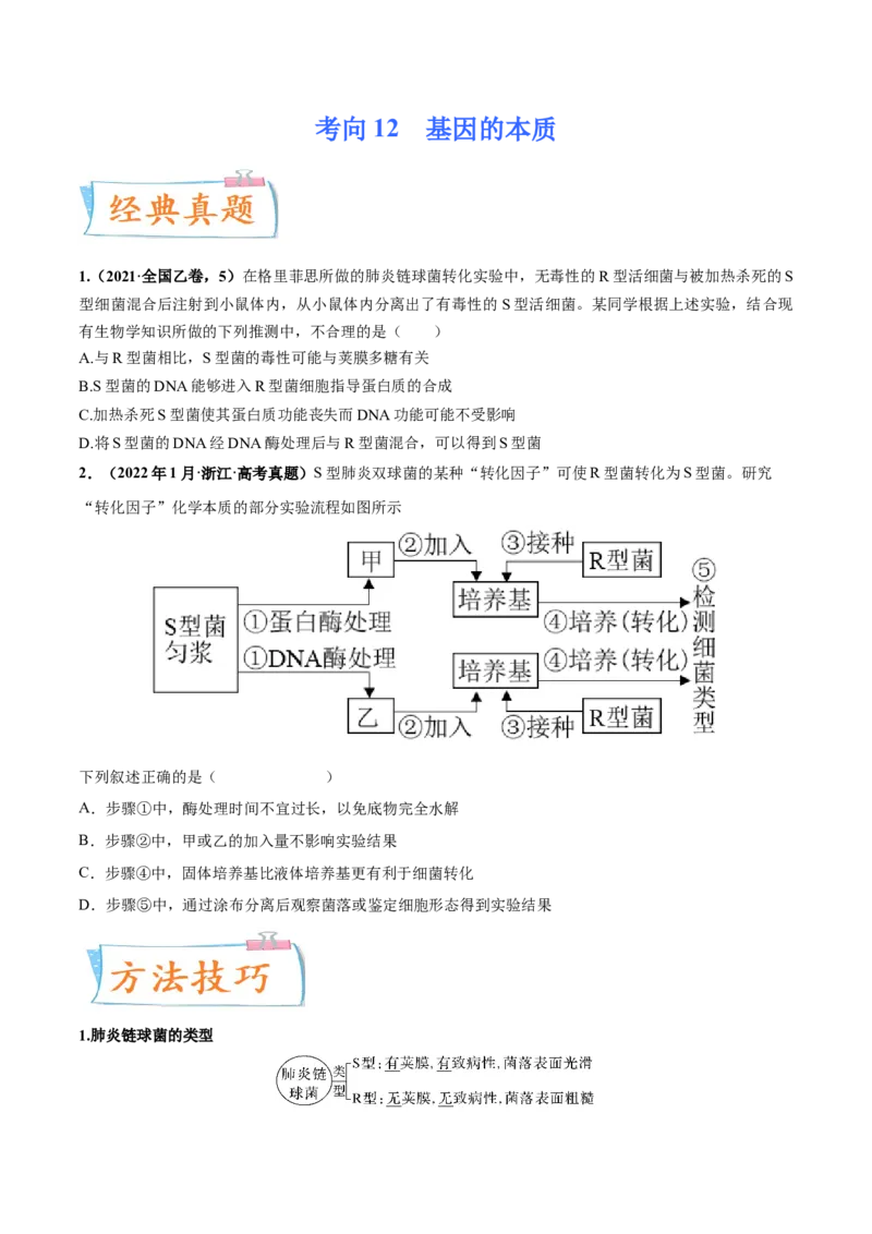 考向12基因的本质-备战2023年高考生物一轮复习考点微专题（全国通用）（原卷版）(1)_通用版（老高考）复习资料_2023年复习资料_一轮复习
