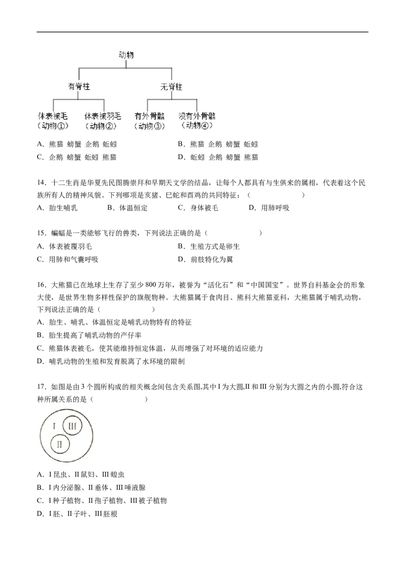专题15动物的主要类群-2022年中考生物一轮复习抓重点考典型（人教版）（原卷版）_6生物中考复习_2023年中考复习资料_一轮复习_2022年中考生物一轮复习抓重点考典型（人教版）