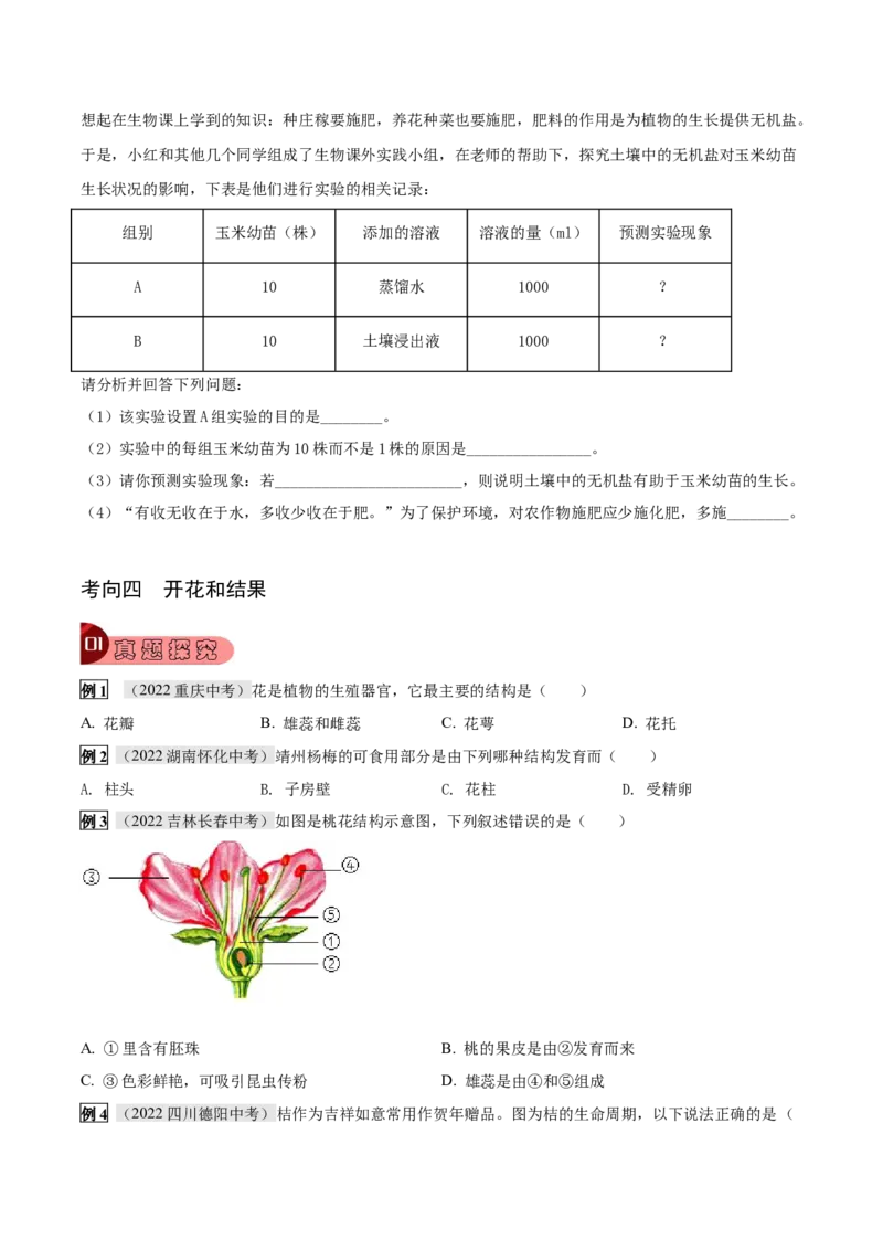 专题08被子植物的一生（原卷版）_6生物中考复习_2023年中考复习资料_专项复习_2023年中考生物总复习真题探究与变式训练（全国通用）
