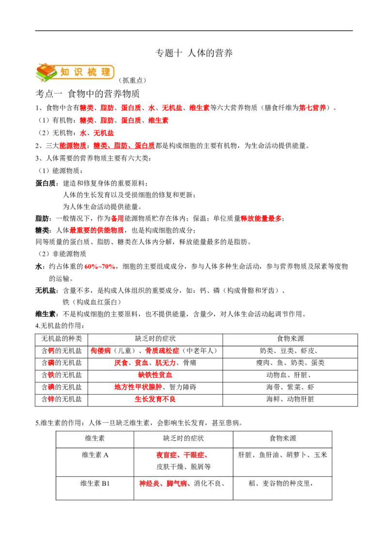 专题10人体的营养-2022年中考生物一轮复习抓重点考典型（人教版）（解析版）_6生物中考复习_2023年中考复习资料_一轮复习_2022年中考生物一轮复习抓重点考典型（人教版）