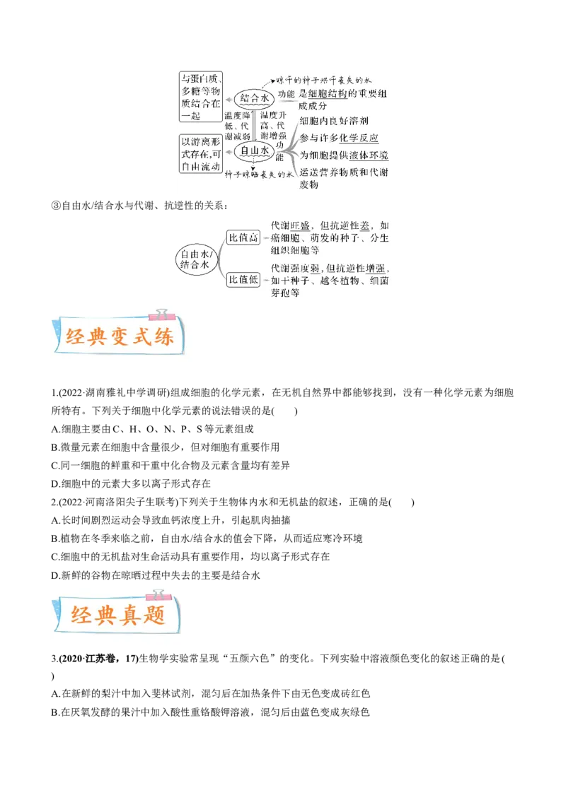 考向01组成细胞的分子-备战2023年高考生物一轮复习考点微专题（全国通用）（原卷版）_通用版（老高考）复习资料_2023年复习资料_一轮复习