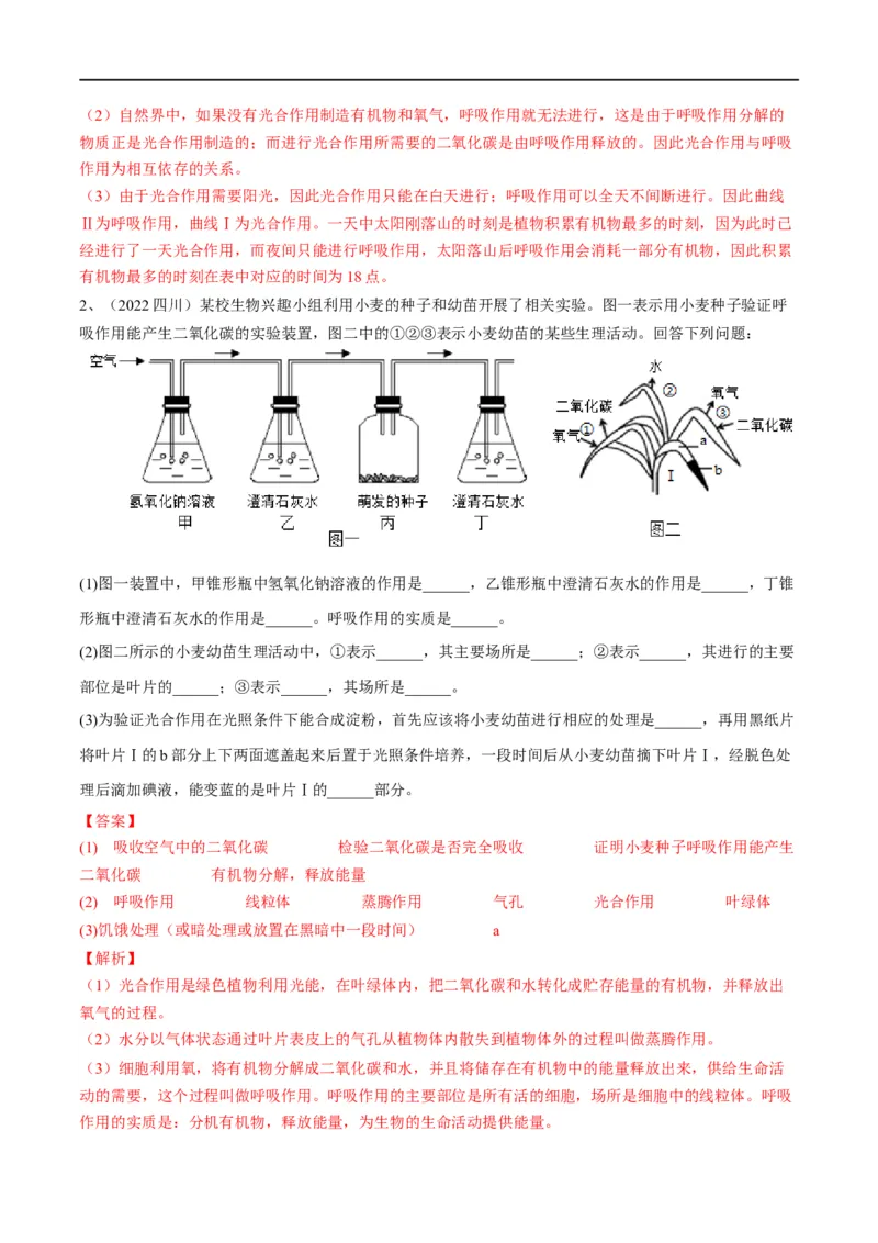 专题08绿色植物的呼吸作用（解析版）_6生物中考复习_2023年中考复习资料_一轮复习_2023年中考生物一轮复习讲练测_专题08绿色植物的呼吸作用（专题精练）-2023年中考生物一轮复习讲练测