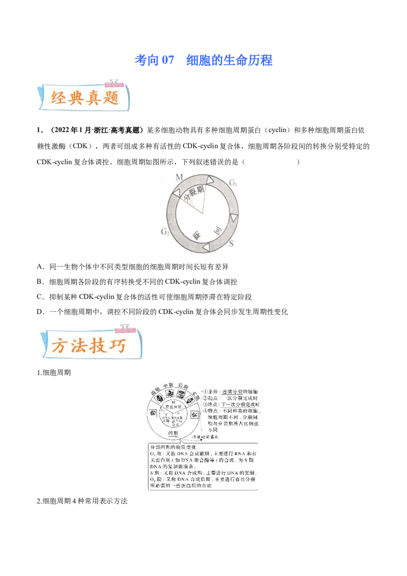 考向07细胞的生命历程-备战2023年高考生物一轮复习考点微专题（全国通用）（原卷版）_通用版（老高考）复习资料_2023年复习资料_一轮复习