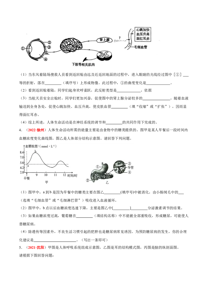专题08&nbsp;人体生命活动的调节（原卷版）_6生物中考复习_2024年中考复习资料_专项复习资料_完三年（2021-2023）中考生物真题分项汇编（全国通用）