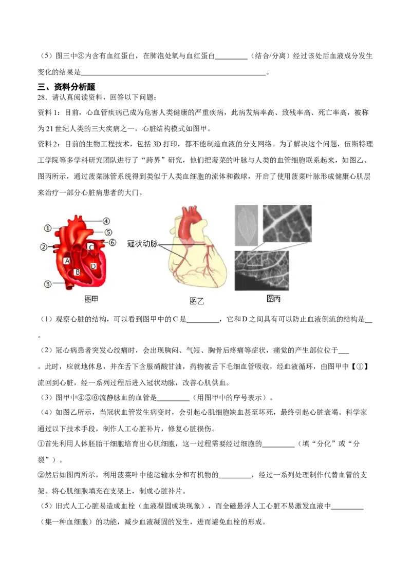 专题12人体内物质的运输（习题精练）（全国通用）（原卷版）_6生物中考复习_2024年中考复习资料_一轮复习资料_省心备考2024年中考生物一轮复习精讲精练（全国通用）