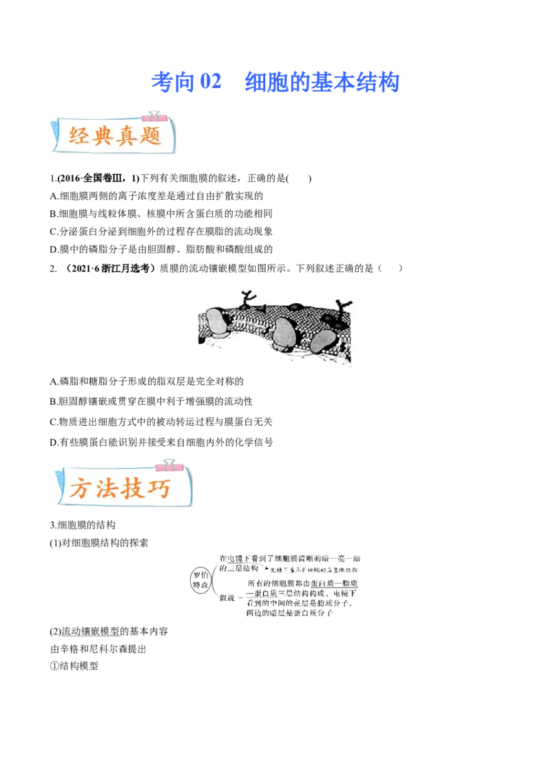 考向02细胞的基本结构-备战2023年高考生物一轮复习考点微专题（全国通用）（原卷版）_通用版（老高考）复习资料_2023年复习资料_一轮复习