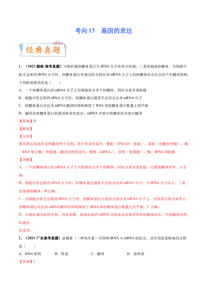 考向13基因的表达-备战2023年高考生物一轮复习考点微专题（全国通用）（解析版）_通用版（老高考）复习资料_2023年复习资料_一轮复习