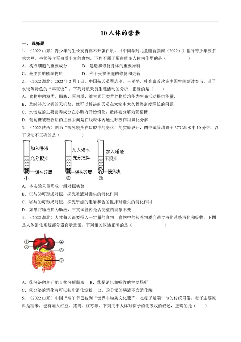 专题10人体的营养（原卷版）_6生物中考复习_2023年中考复习资料_一轮复习_2023年中考生物一轮复习讲练测_专题10人体的营养（专题精练）-2023年中考生物一轮复习讲练测