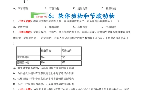 专题10&nbsp;植物、动物和微生物类群（原卷版）_6生物中考复习_2024年中考复习资料_专项复习资料_完三年（2021-2023）中考生物真题分项汇编（全国通用）