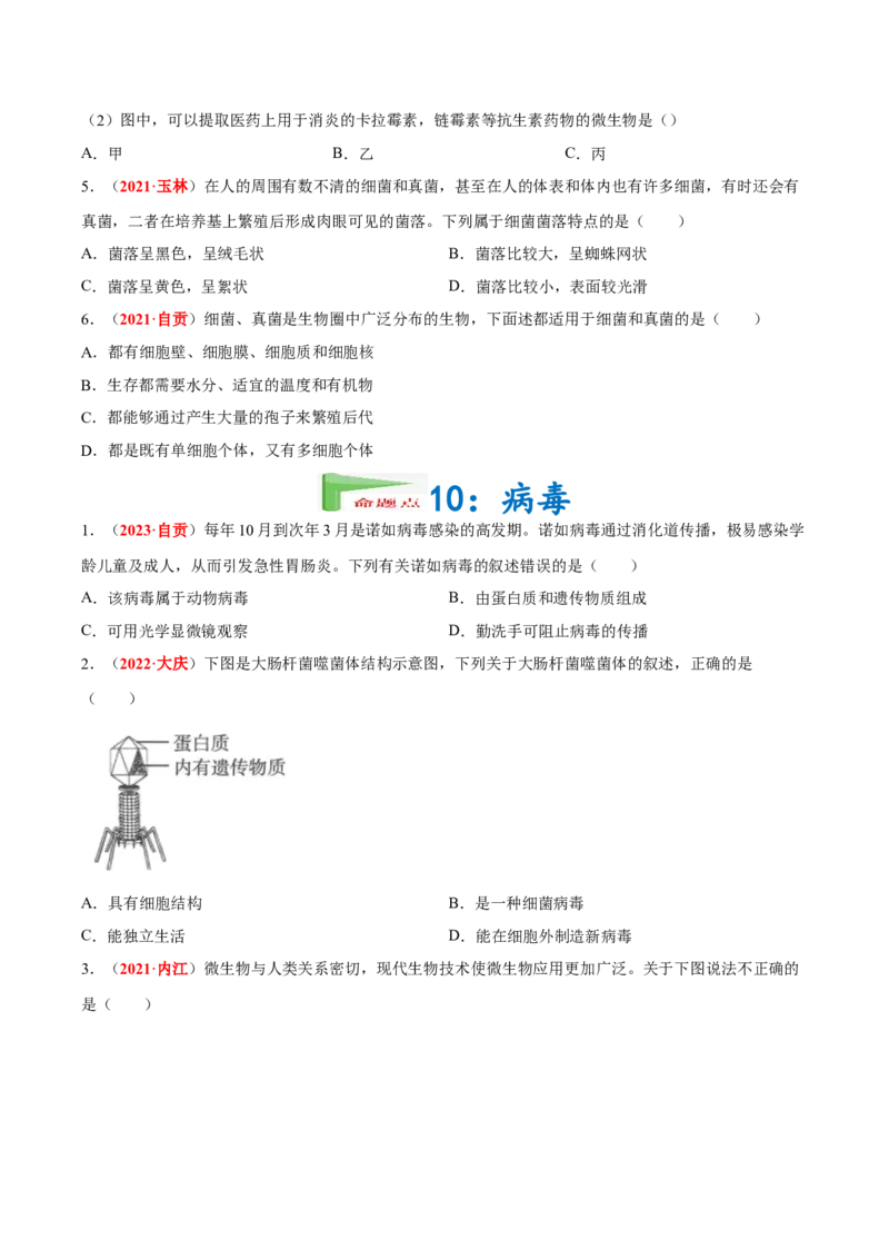 专题10&nbsp;植物、动物和微生物类群（原卷版）_6生物中考复习_2024年中考复习资料_专项复习资料_完三年（2021-2023）中考生物真题分项汇编（全国通用）