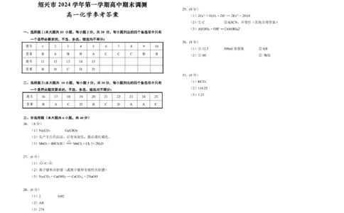 绍兴市2024学年第一期高一期末调测高一化学参考答案_2025年03月试卷_0303浙江省绍兴市2024-2025学年高一上学期1月期末考试