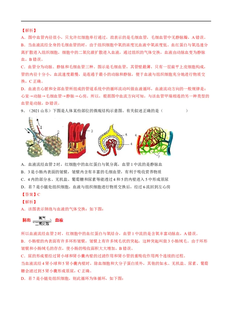 专题12人体内物质的运输（解析版）_6生物中考复习_2023年中考复习资料_一轮复习_2023年中考生物一轮复习讲练测_专题12+人体内物质的运输（专题精练）-2023年中考生物一轮复习讲练测