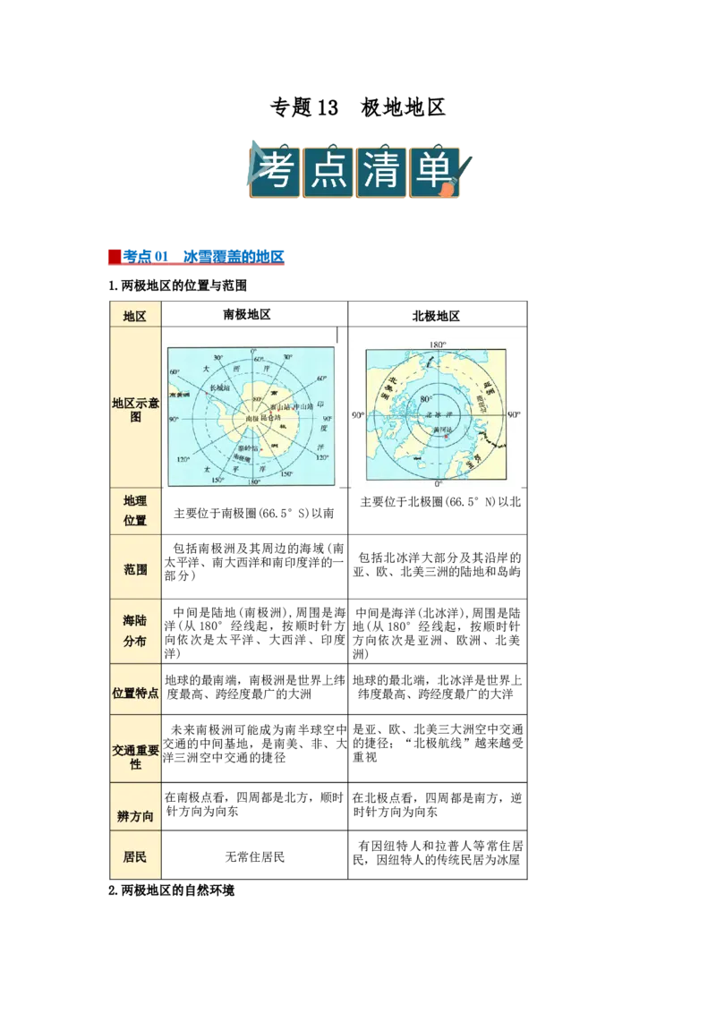 专题13极地地区（word）2025-2026学年初中地理人教版2024一轮复习学案知识点+习题（原卷版)_7地理中考复习_2026年中考复习（更新中）_2026中考地理一轮考点复习学案+配套课件_习题
