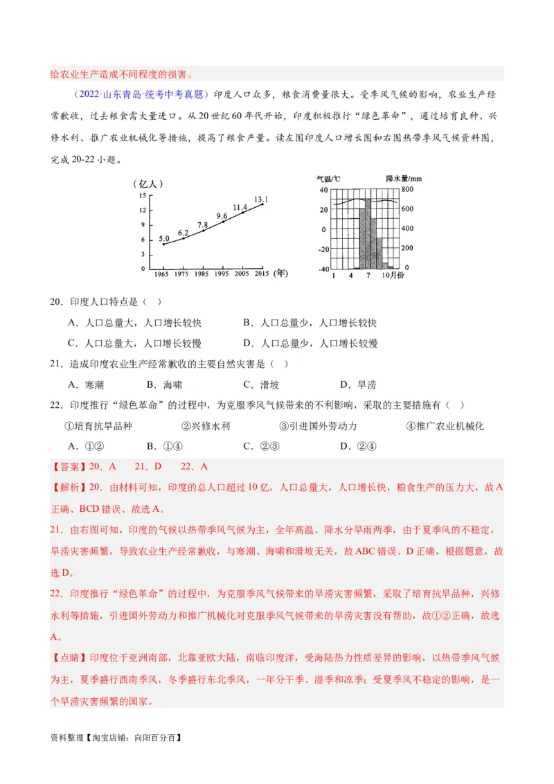 专题10南亚与印度（解析版）_7地理中考复习_2024年中考复习资料_专项复习资料_完三年（2021-2023）中考地理真题分项汇编（全国通用）_解析版