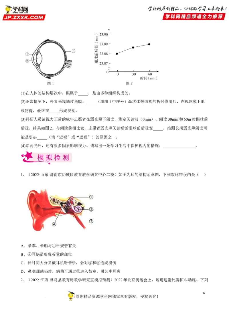 专题11人体生命活动的调节（习题帮）（原卷版）_6生物中考复习_2023年中考复习资料_一轮复习_备战2023年中考生物一轮复习考点帮（全国通用）288506454