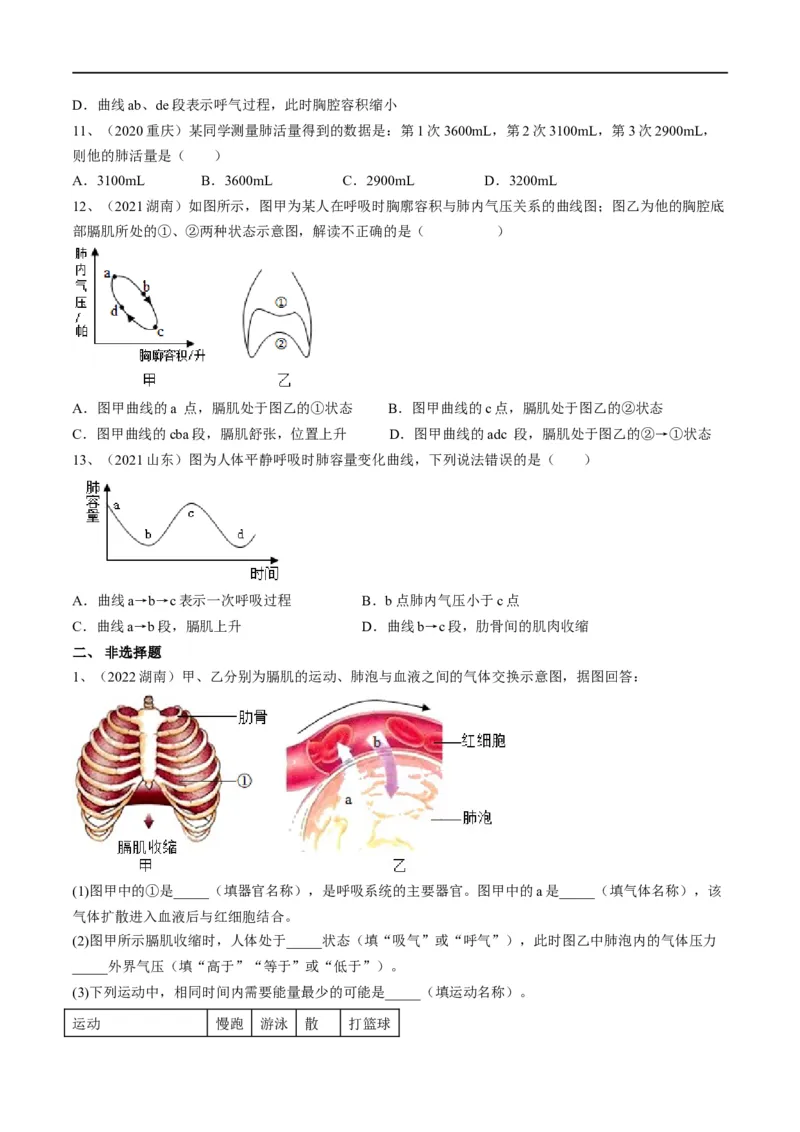 专题11人体的呼吸（原卷版）_6生物中考复习_2023年中考复习资料_一轮复习_2023年中考生物一轮复习讲练测_专题11人体的呼吸（专题精练）-2023年中考生物一轮复习讲练测